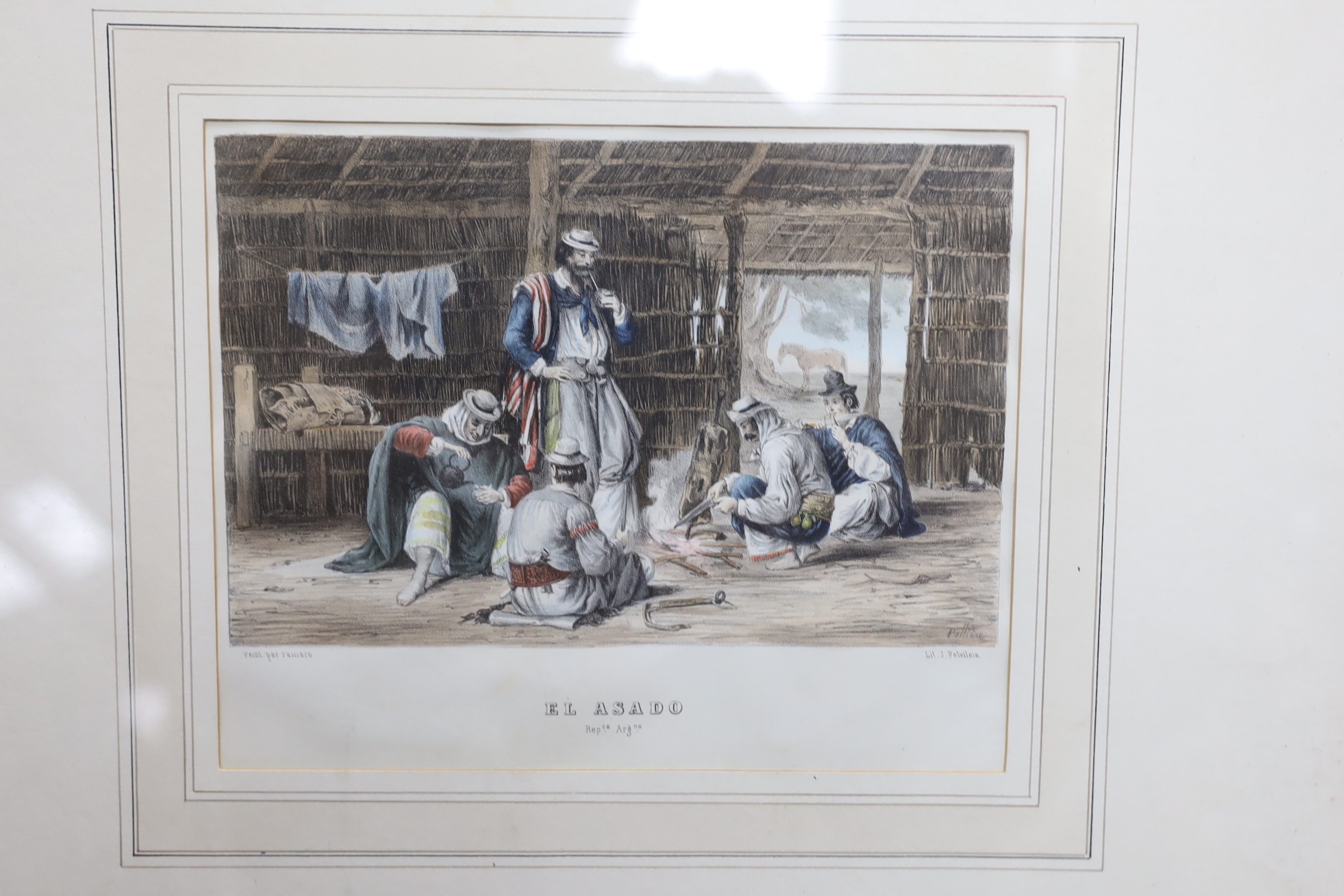 Pelvilain after Palliere, pair of coloured lithographs, 'El Asado' and 'El Corral' (Argentina) and two coloured engraved views of St Petersburg after Arnout, largest overall 29 x 34cm (4)